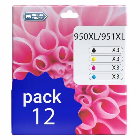 Pack de 12 cartouches compatibles 950XL/951XL HP 3 noirs, 3 cyan, 3 magenta, 3 jaune